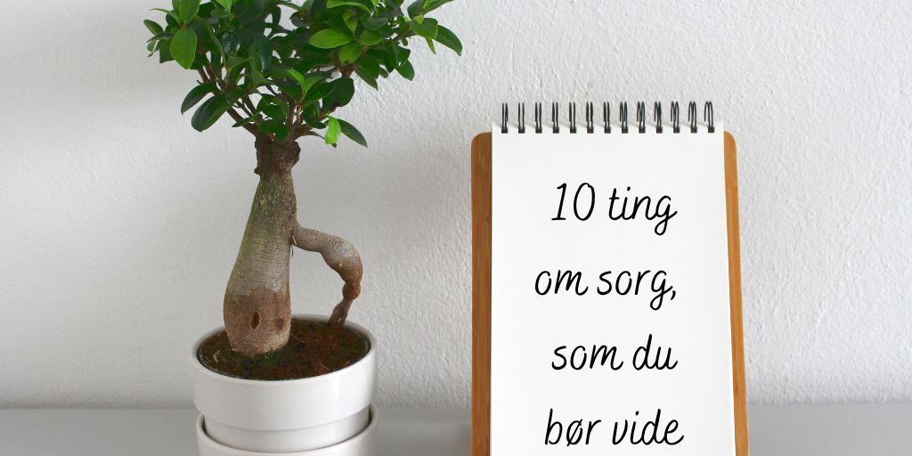 Papirblok med tekst på bord ved siden af plante.